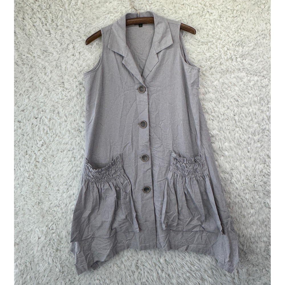 For Cynthia Linen Blend Sleeveless Dress Womens L Grey Lagenlook Asymmetric hem
